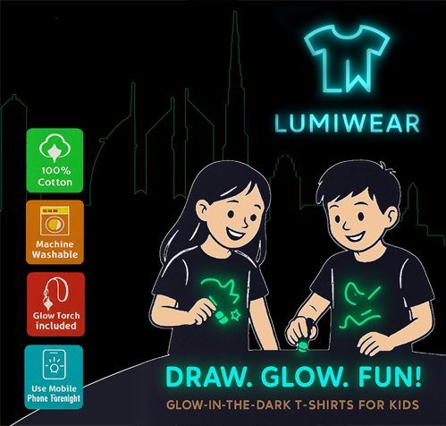 Kids wearing LumiWear Original interactive glow in the dark t shirt with bright UV activated design, fun night play clothing in UAE Child using UV light to activate glow effect on LumiWear glow t shirt, interactive kids apparel for evening play LumiWear glow in the dark t shirt for kids showing luminous design in low light, soft cotton comfortable fit Boy and girl wearing glow t shirts with visible light up effect, kids party wear and birthday gift idea UAE Interactive glow t shirt for kids with UV reactive print, high visibility clothing for outdoor night activities Close up of LumiWear glow t shirt fabric and glowing design, durable print and soft breathable cotton Kids enjoying outdoor play at night wearing glow in the dark t shirts, fun and safe visible clothing LumiWear kids glow t shirt activated with UV keychain light, creative interactive fashion for children Unisex kids glow t shirt with luminous print, suitable for boys and girls, trendy UAE kids fashion Glow in the dark kids t shirt with bright neon style effect, ideal for parties, festivals, and gifts