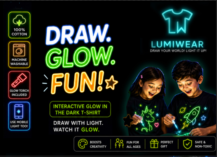 LumiWear glow in the dark kids t shirt with UV activated interactive design, soft cotton, breathable fabric, fun night play, UAE kids gift