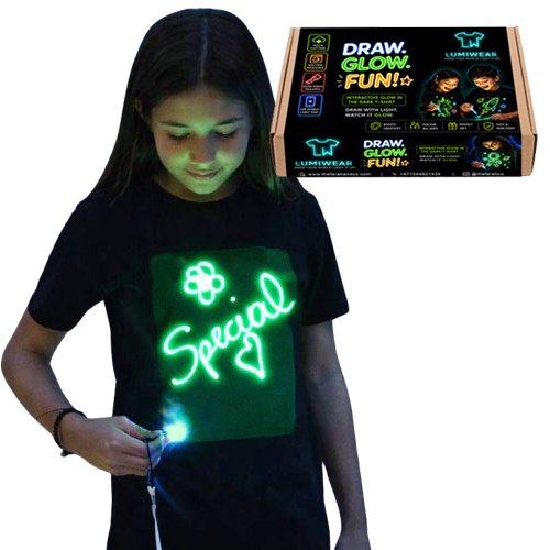 LumiWear glow in the dark kids t shirt with UV activated interactive design, soft cotton, breathable fabric, fun night play, UAE kids gift