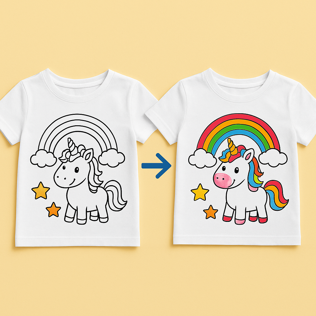 Rifda21 Kids reusable coloring t shirt with pre printed design, washable and reusable cotton shirt by Rifda Colorme for creative play and fun activities