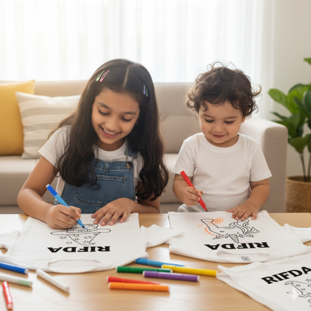 Kids reusable coloring t shirt with pre printed design, washable and reusable cotton shirt by Rifda Colorme for creative play and fun activities