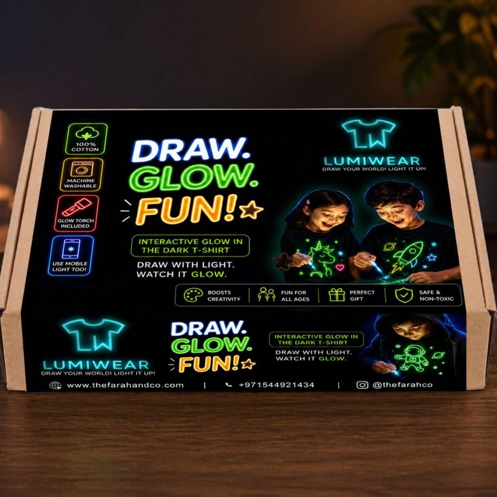 LumiWear glow in the dark kids t shirt with UV activated interactive design, soft cotton, breathable fabric, fun night play, UAE kids gift
