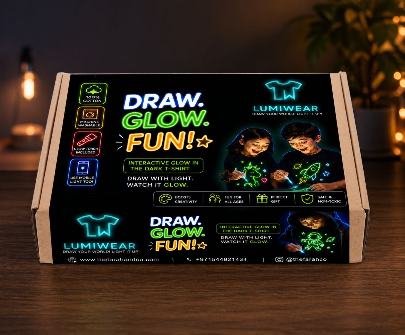 LumiWear glow in the dark kids t shirt with UV activated interactive design, soft cotton, breathable fabric, fun night play, UAE kids gift