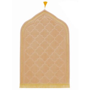 Premium MySalahMats prayer mat with mihrab inspired arch design and soft cushioned surface Lightweight Islamic prayer mat with gold trim, fringe detail and anti slip base Comfortable plush prayer mat with geometric quilting and golden tassel for daily salah use