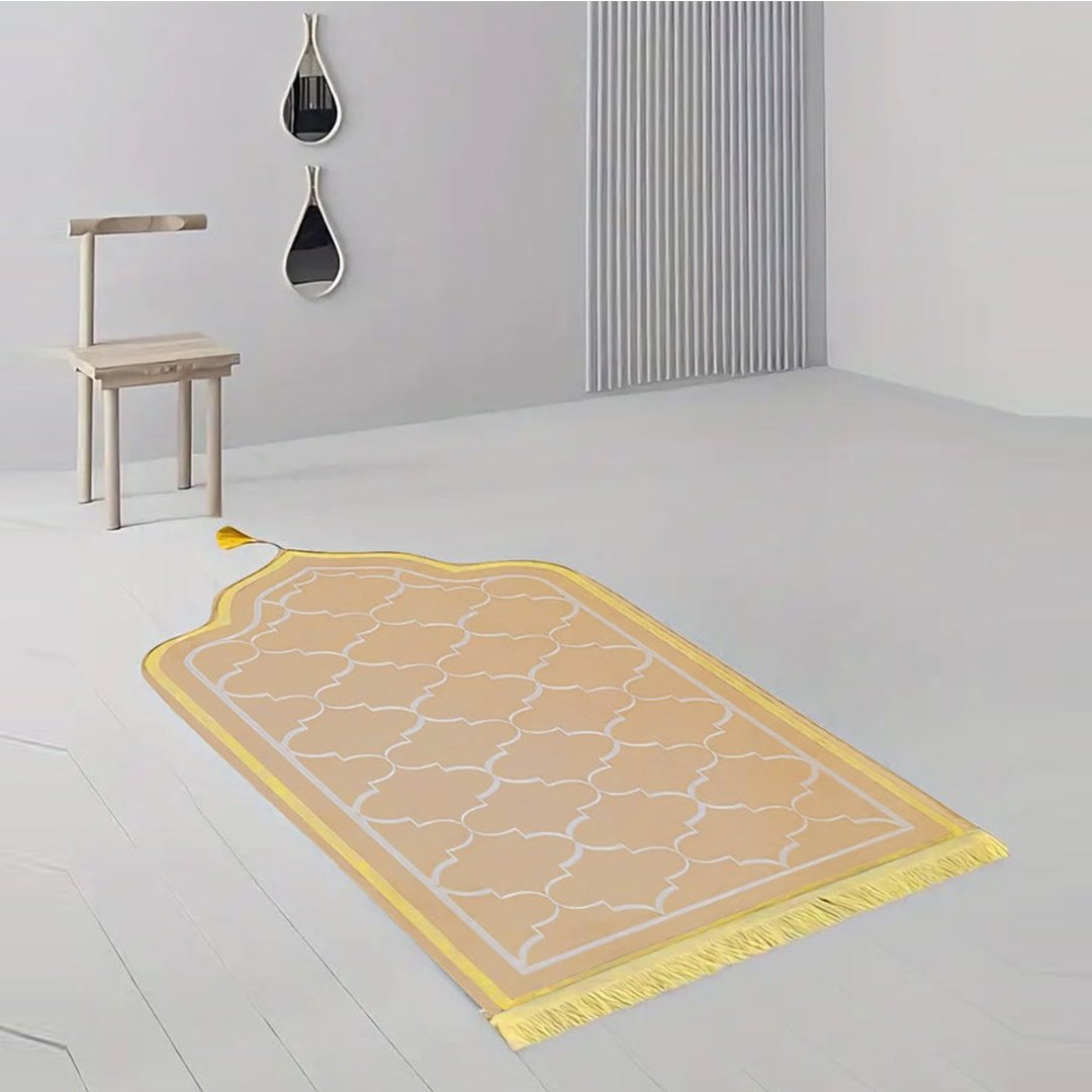 Beige 2 Personalized prayer mat with custom name printed, premium soft fabric MySalahMats, luxury Islamic gift for weddings anniversaries Ramadan and Eid in UAE