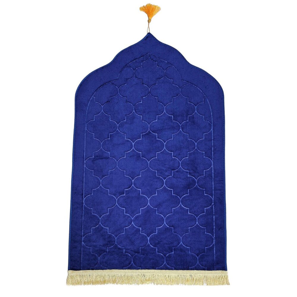 Premium MySalahMats prayer mat with mihrab inspired arch design and soft cushioned surface Lightweight Islamic prayer mat with gold trim, fringe detail and anti slip base Comfortable plush prayer mat with geometric quilting and golden tassel for daily salah use