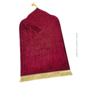 Premium MySalahMats prayer mat with mihrab inspired arch design and soft cushioned surface Lightweight Islamic prayer mat with gold trim, fringe detail and anti slip base Comfortable plush prayer mat with geometric quilting and golden tassel for daily salah use