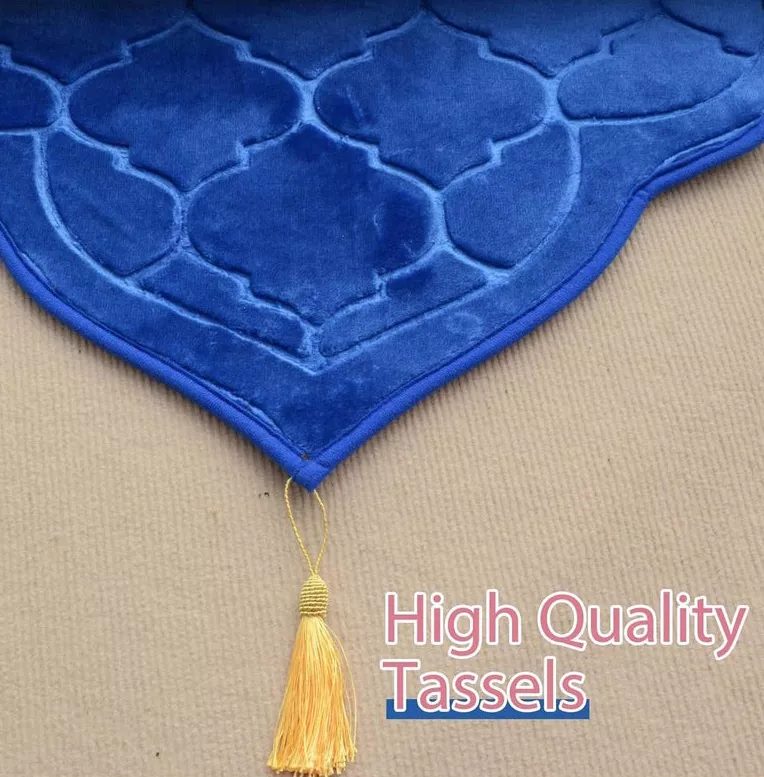 MySalahMats Blue color Embossed Islamic prayer mat with a soft velvet top and thick padded design. Features an anti slip base for stable prayer. Designed for comfort for men and women. Ideal for Eid and Ramadan gifting. Size 70 x 110 cm