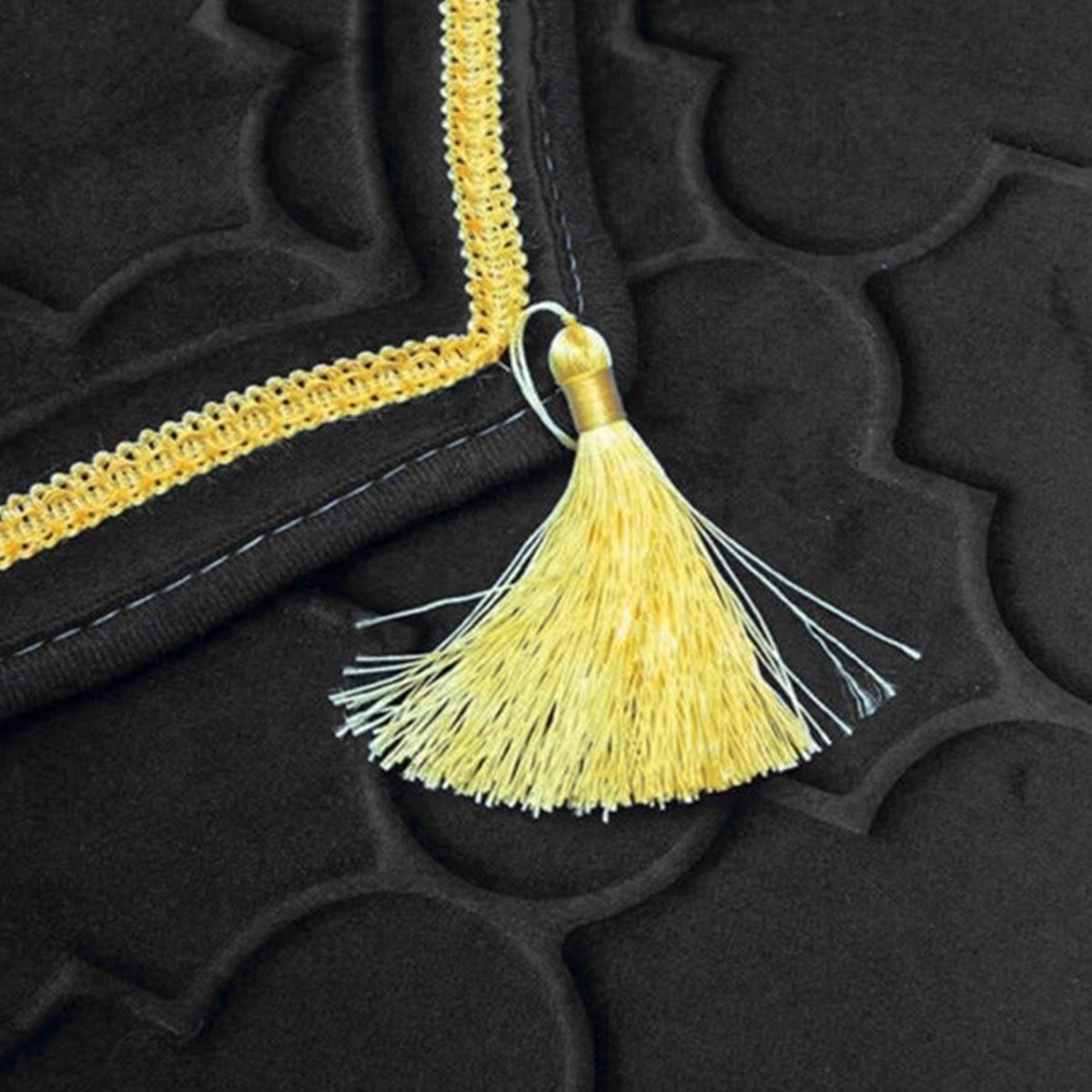 Premium MySalahMats prayer mat with mihrab inspired arch design and soft cushioned surface Lightweight Islamic prayer mat with gold trim, fringe detail and anti slip base Comfortable plush prayer mat with geometric quilting and golden tassel for daily salah use