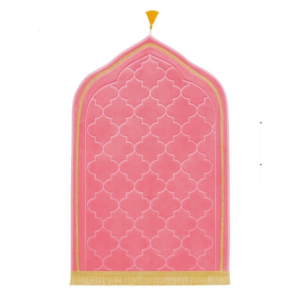 Premium MySalahMats prayer mat with mihrab inspired arch design and soft cushioned surface Lightweight Islamic prayer mat with gold trim, fringe detail and anti slip base Comfortable plush prayer mat with geometric quilting and golden tassel for daily salah use