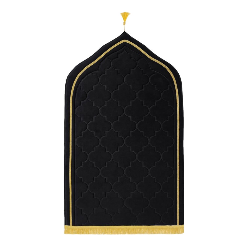 Premium MySalahMats prayer mat with mihrab inspired arch design and soft cushioned surface Lightweight Islamic prayer mat with gold trim, fringe detail and anti slip base Comfortable plush prayer mat with geometric quilting and golden tassel for daily salah use