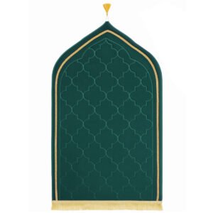 Premium MySalahMats prayer mat with mihrab inspired arch design and soft cushioned surface Lightweight Islamic prayer mat with gold trim, fringe detail and anti slip base Comfortable plush prayer mat with geometric quilting and golden tassel for daily salah use
