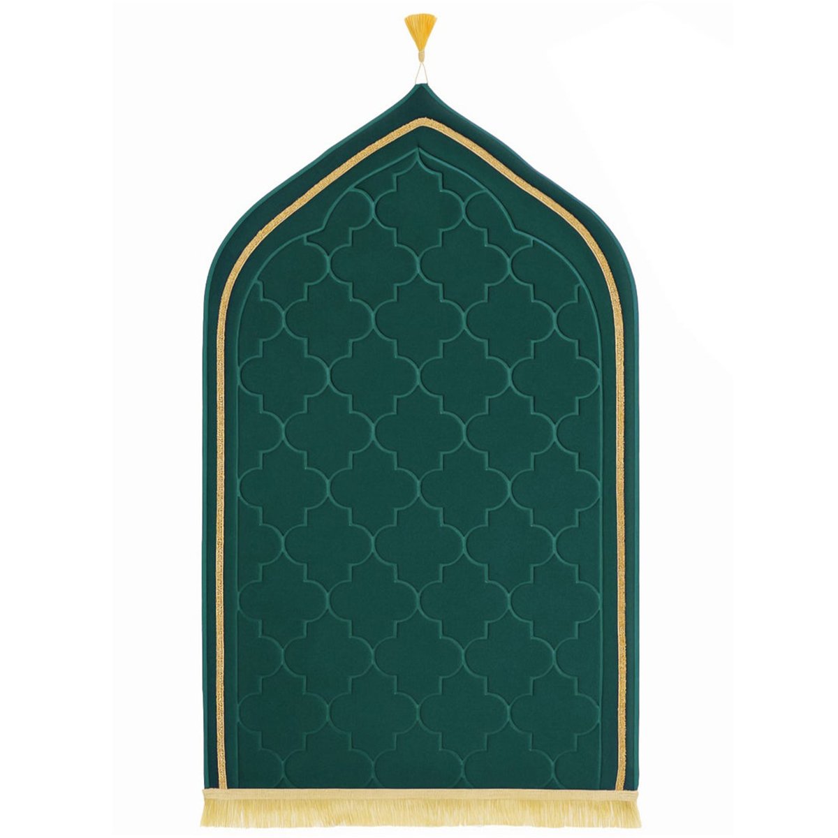 Premium MySalahMats prayer mat with mihrab inspired arch design and soft cushioned surface Lightweight Islamic prayer mat with gold trim, fringe detail and anti slip base Comfortable plush prayer mat with geometric quilting and golden tassel for daily salah use