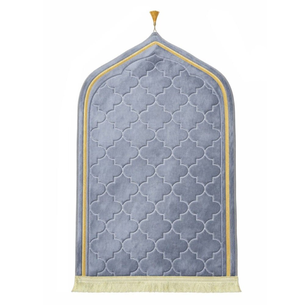 Premium MySalahMats prayer mat with mihrab inspired arch design and soft cushioned surface Lightweight Islamic prayer mat with gold trim, fringe detail and anti slip base Comfortable plush prayer mat with geometric quilting and golden tassel for daily salah use