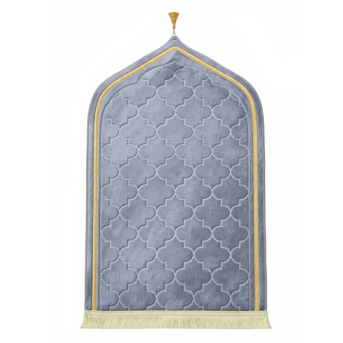 Premium MySalahMats prayer mat with mihrab inspired arch design and soft cushioned surface Lightweight Islamic prayer mat with gold trim, fringe detail and anti slip base Comfortable plush prayer mat with geometric quilting and golden tassel for daily salah use