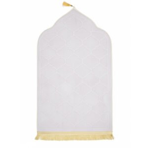 Premium MySalahMats prayer mat with mihrab inspired arch design and soft cushioned surface Lightweight Islamic prayer mat with gold trim, fringe detail and anti slip base Comfortable plush prayer mat with geometric quilting and golden tassel for daily salah use