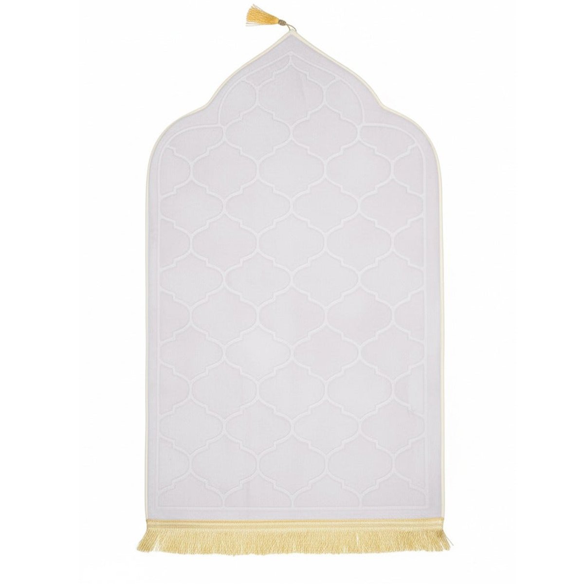 Premium MySalahMats prayer mat with mihrab inspired arch design and soft cushioned surface Lightweight Islamic prayer mat with gold trim, fringe detail and anti slip base Comfortable plush prayer mat with geometric quilting and golden tassel for daily salah use