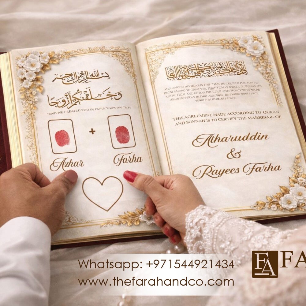 Customized Nikah Nama booklet marriage certificate with thumbprint A4 size Islamic wedding gift maroon velvet cover elegant gold text design open booklet inside pages Muslim marriage document UAE wedding keepsake