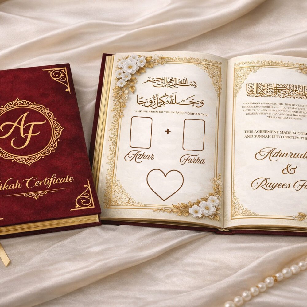 Customized Nikah Nama booklet marriage certificate with thumbprint A4 size Islamic wedding gift maroon velvet cover elegant gold text design open booklet inside pages Muslim marriage document UAE wedding keepsake