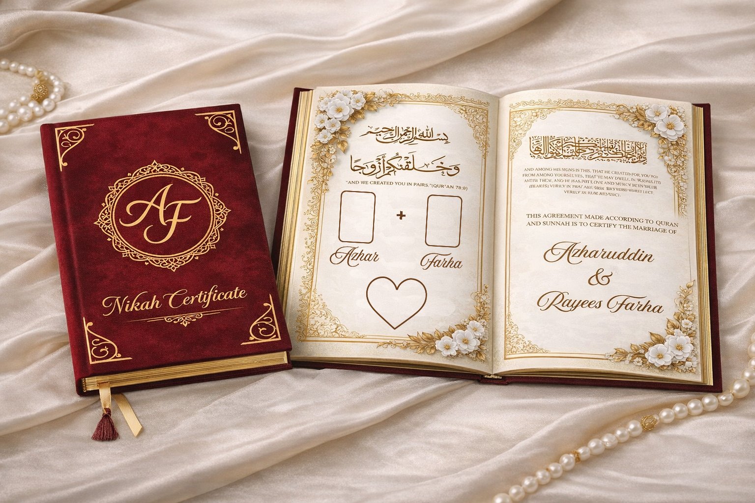 Customized Nikah Nama booklet marriage certificate with thumbprint A4 size Islamic wedding gift maroon velvet cover elegant gold text design open booklet inside pages Muslim marriage document UAE wedding keepsake