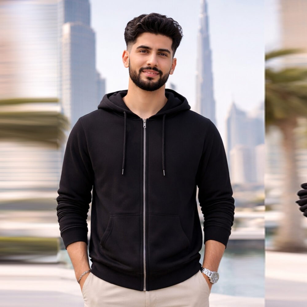 Shop premium unisex zip hoodie in UAE. Soft cotton fleece, full front zipper, comfortable fit for daily wear. Ideal for men and women. Fast UAE delivery.