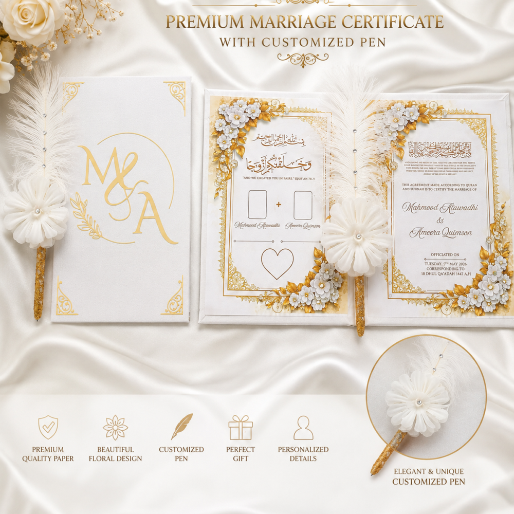 Customized Premium Nikah Nama Booklet, Personalized Muslim Marriage Certificate with Thumbprint Space, A4 Wedding Book, Islamic Nikah Gift, White Elegant Design