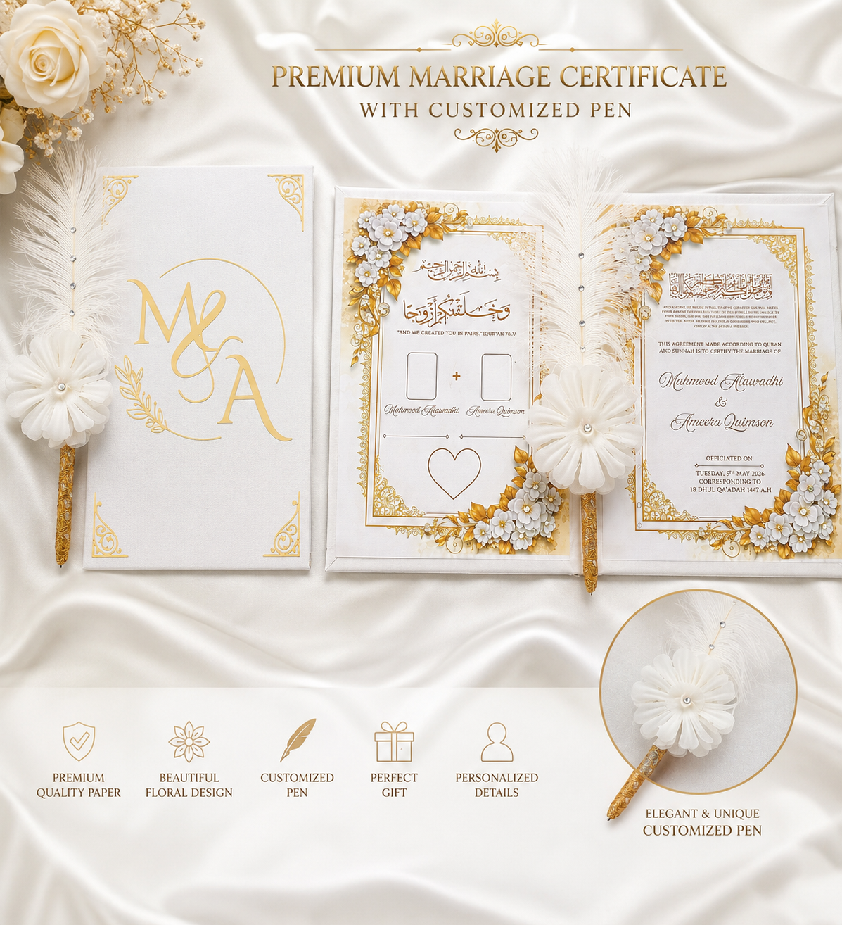 Customized Premium Nikah Nama Booklet, Personalized Muslim Marriage Certificate with Thumbprint Space, A4 Wedding Book, Islamic Nikah Gift, White Elegant Design Customized Premium Nikah Nama Booklet, Personalized Muslim Marriage Certificate with Thumbprint Space, A4 Wedding Book, Islamic Nikah Gift, White Elegant Design