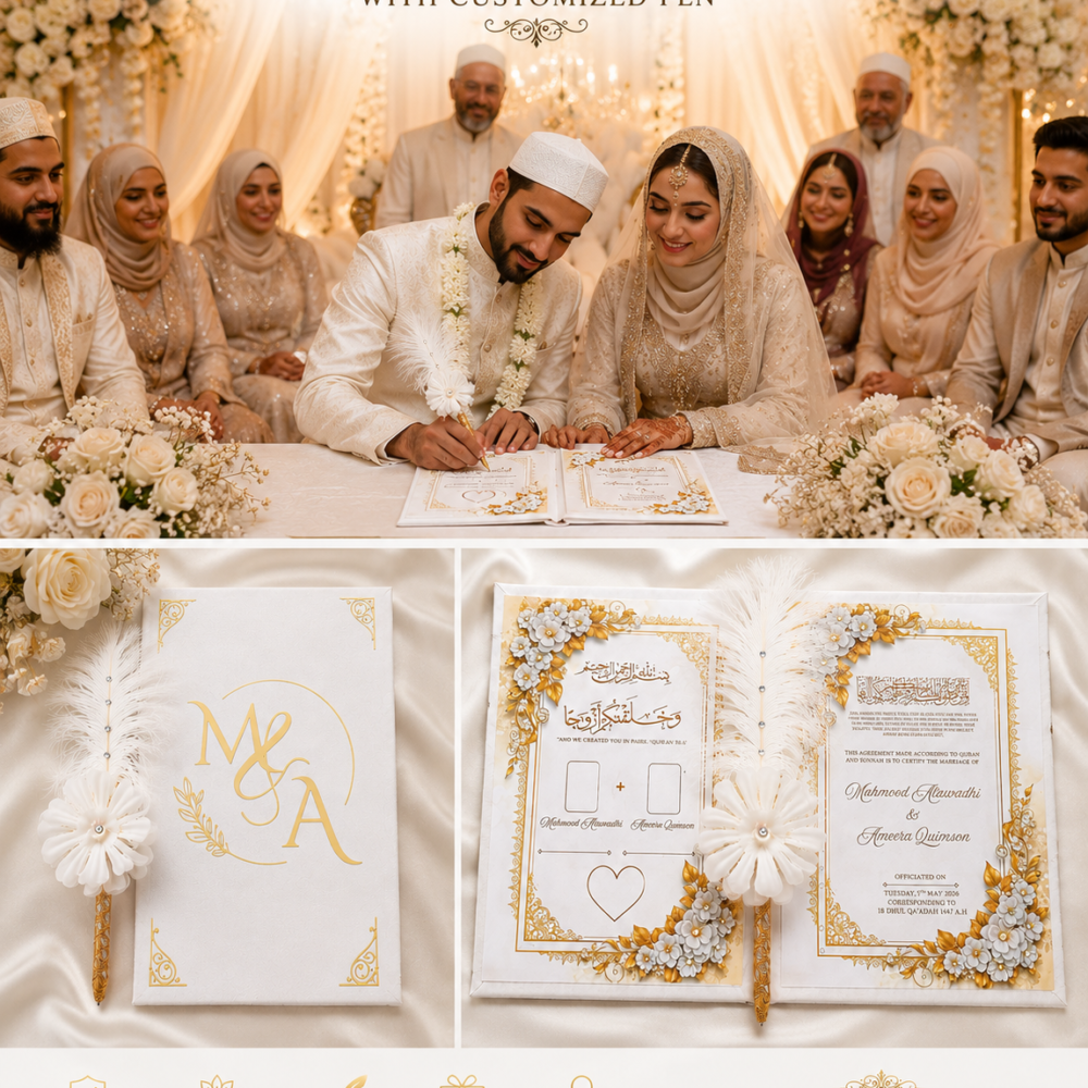 Customized Premium Nikah Nama Booklet, Personalized Muslim Marriage Certificate with Thumbprint Space, A4 Wedding Book, Islamic Nikah Gift, White Elegant Design