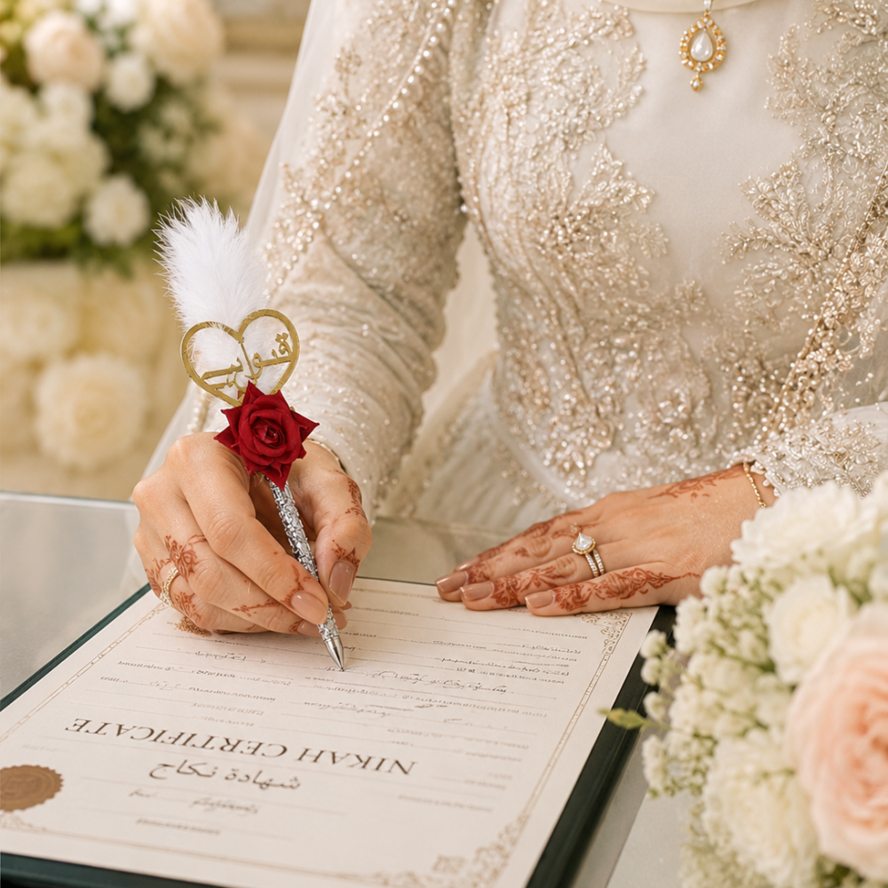 Decorative Qubool Hai Nikah Pen with a gold heart charm, red rose, white feather topper, and silver handle, perfect for Islamic wedding ceremonies, marriage signing, and bridal keepsake.