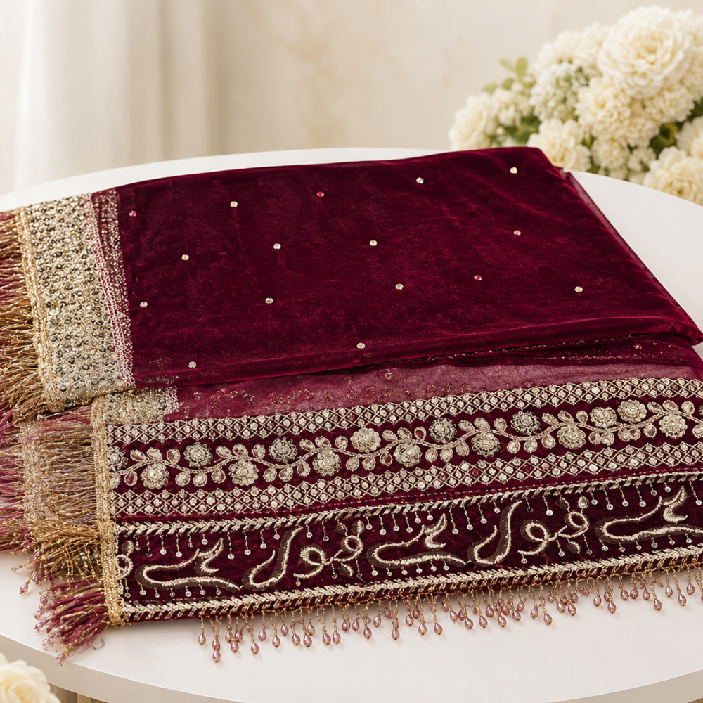 Elegant maroon Muslim bridal dupatta with intricate gold embroidery, shimmering sequins, floral border, and beaded fringe. Perfect for Nikah ceremonies, Islamic weddings, and traditional bridal wear.