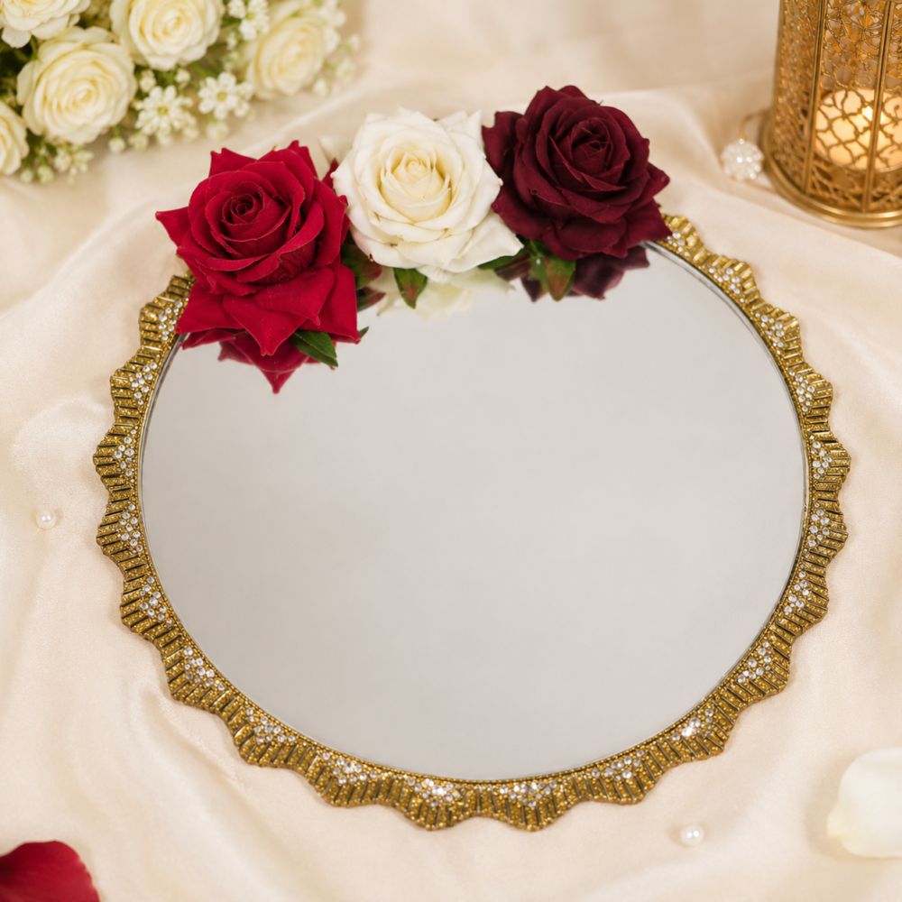 Elegant 10 inch Nikah mirror decorated with red roses and floral accents for a Muslim wedding ceremony. A beautiful bridal keepsake, wedding accessory, and thoughtful Nikah gift.