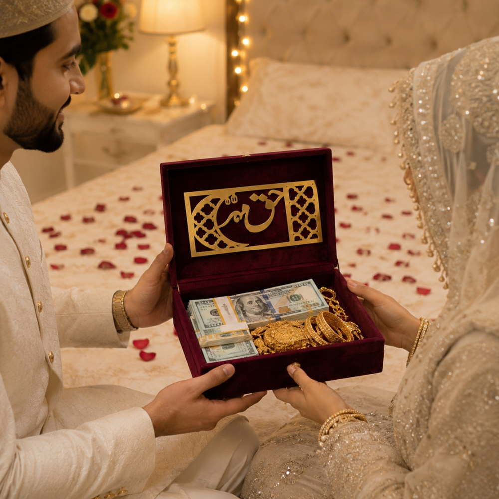 Luxurious burgundy velvet Haq Meher Box with elegant gold Arabic calligraphy and a hinged lid. Ideal for storing jewellery, cash, gold gifts, and Haq Meher during Nikah and Islamic wedding ceremonies.