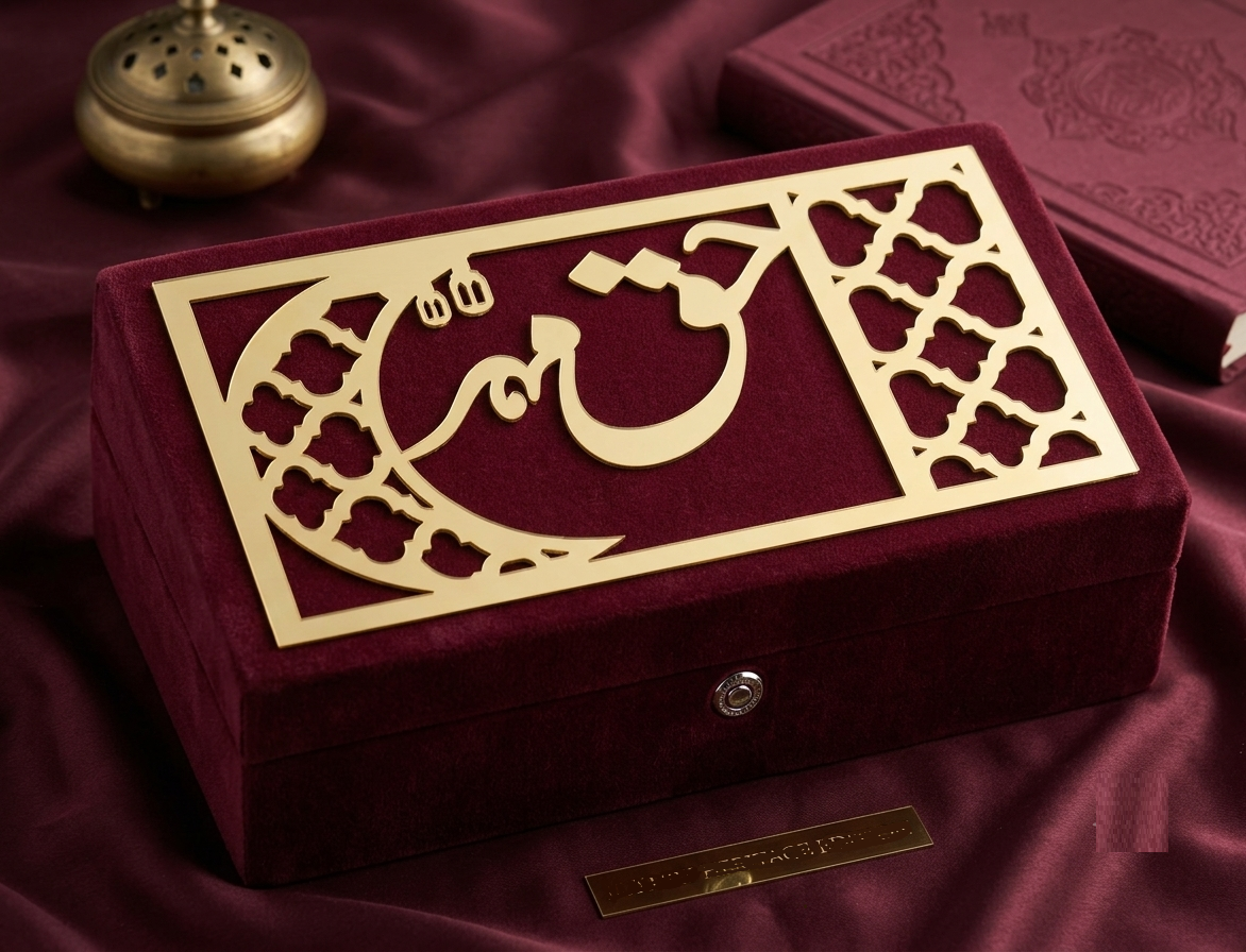 Luxurious burgundy velvet Haq Meher Box with elegant gold Arabic calligraphy and a hinged lid. Ideal for storing jewellery, cash, gold gifts, and Haq Meher during Nikah and Islamic wedding ceremonies. Luxurious burgundy velvet Haq Meher Box with elegant gold Arabic calligraphy and a hinged lid. Ideal for storing jewellery, cash, gold gifts, and Haq Meher during Nikah and Islamic wedding ceremonies.