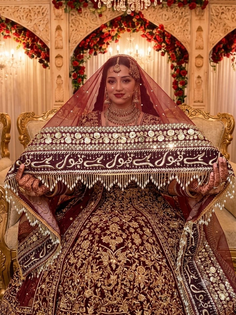 Elegant maroon Muslim bridal dupatta with intricate gold embroidery, shimmering sequins, floral border, and beaded fringe. Perfect for Nikah ceremonies, Islamic weddings, and traditional bridal wear. Elegant maroon Muslim bridal dupatta with intricate gold embroidery, shimmering sequins, floral border, and beaded fringe. Perfect for Nikah ceremonies, Islamic weddings, and traditional bridal wear.